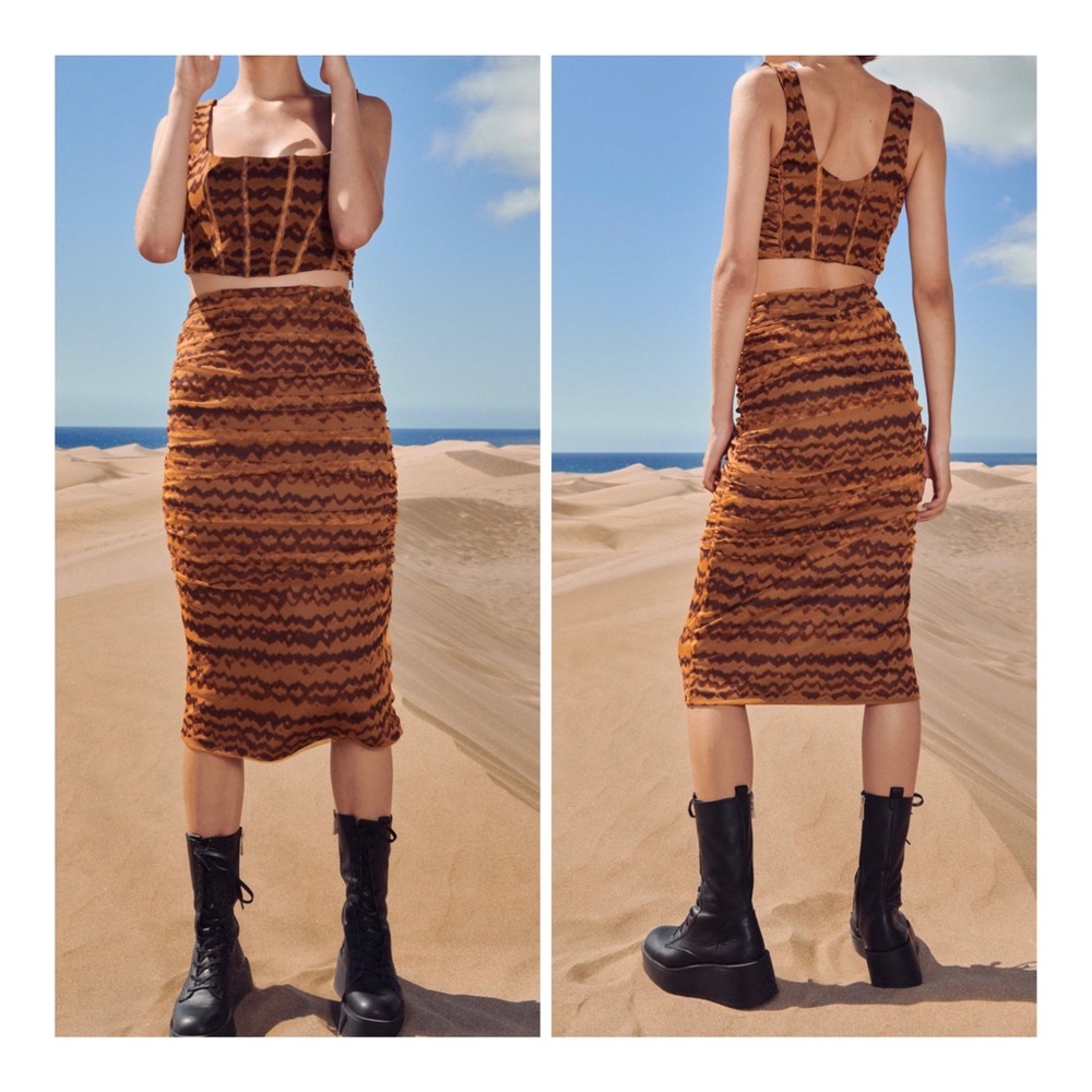 Zara Women’s Ruched Tulle Mini Tan Brown Skirt Size XS NWT